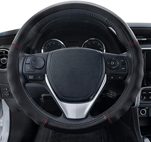 Motor Trend Faux Leather Steering Wheel Cover, Standard 15 inch Size, Comfort Grip Design, Solid Black Car Steering Wheel Cover for Truck Van SUV Auto