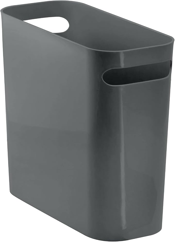 mDesign Plastic Small Trash Can, 1.5 Gallon/5.7-Liter Wastebasket, Narrow Garbage Bin with Handles for Bathroom, Laundry, Home Office - Holds Waste, Recycling, 10" High, Aura Collection, Charcoal Gray