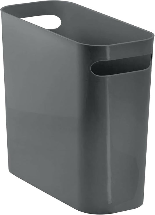 mDesign Plastic Small Trash Can, 1.5 Gallon/5.7-Liter Wastebasket, Narrow Garbage Bin with Handles for Bathroom, Laundry, Home Office - Holds Waste, Recycling, 10" High, Aura Collection, Charcoal Gray