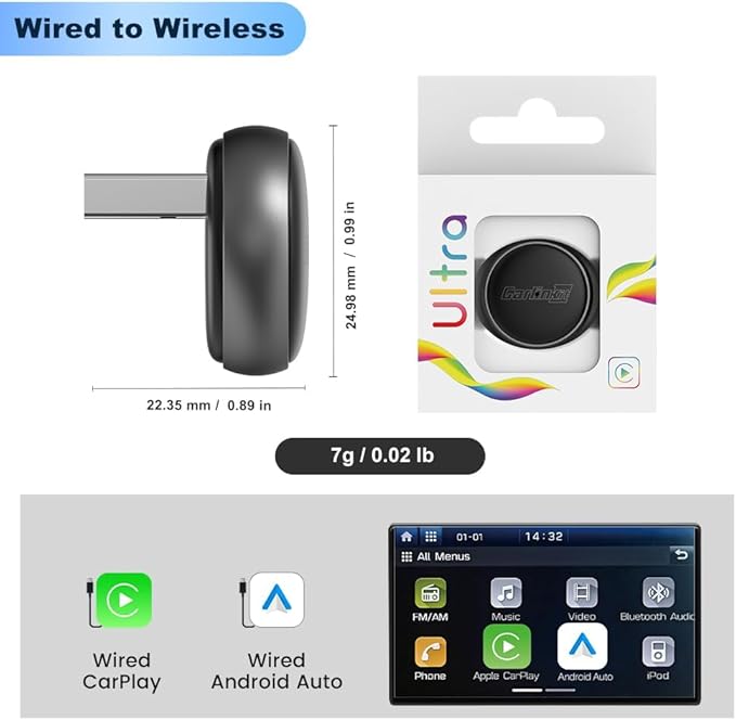 CarlinKit MINI Ultra 3 Wireless CarPlay Adapter - for with OEM Wired Cars - The Smallest Looks - The Simplest to use - Convert Wired to Wireless
