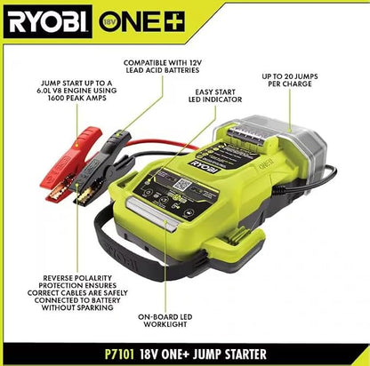 RYOBI ONE+ 18V Cordless 1600A Jump Starter with LED Work Light Kit with 2.0 Ah Battery and Charger