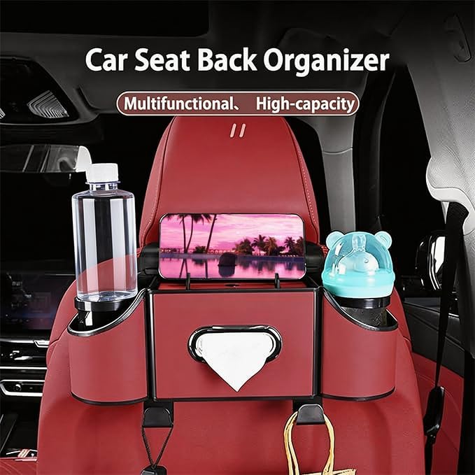 Back Seat Car Organizer,4 in 1 Multifunctional Car Back Seat Storage Box with Drink Cup Holder Tissue Box, for Hold Phone,Snacks, Drinks, Handbag-Red