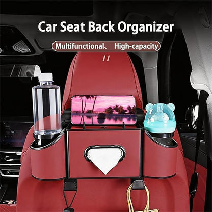 Back Seat Car Organizer,4 in 1 Multifunctional Car Back Seat Storage Box with Drink Cup Holder Tissue Box, for Hold Phone,Snacks, Drinks, Handbag-Red