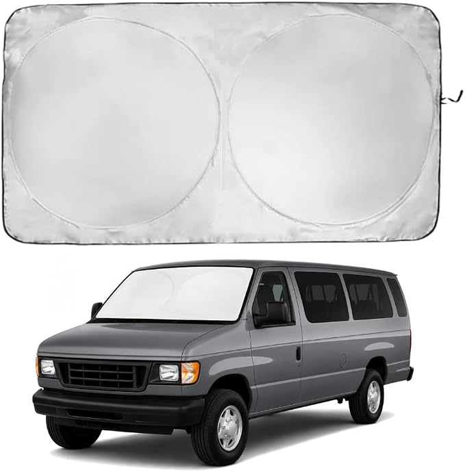 Windshield Sun Shade | Compatible for Ford Econoline E-Series 1992-Present | Certified 99.87% UVB & 99.02% UVA Car Sun Shade. Award Winning Sunshade - Patented Technology | Car Shades by Kinder Fluff