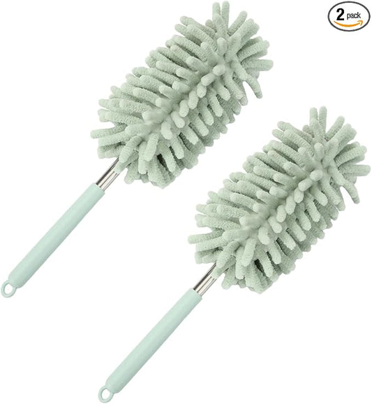 2PCS Car Interior Duster with Extension Pole – Washable Microfiber Dusters Detailing Brushes with Bendable Head, Long Handle Cleaning Duster Tool for Car Dash, Vents, Window, Furniture, Office (Green)