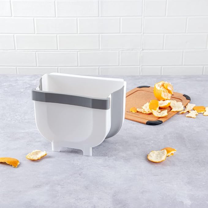 Restaurantware RW Base 10 x 7.2 x 7.3 Inch Foldable Trash Bin 1 Collapsible Mini Trash Can - Mountable U-Shaped Slot Gray Plastic Trash Can Detachable Retainer Plate With Fixed Feet