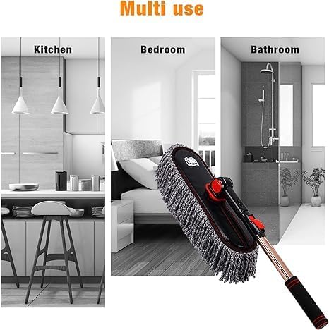 Car Duster Exterior with Extendable Handle, Scratch Free Auto Wash Brush Mop, Interior Detailing Kit for Truck RV Boat - Microfiber Duster & Interior Brush, Grey