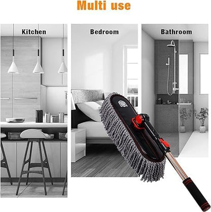 Car Duster Exterior with Extendable Handle, Scratch Free Auto Wash Brush Mop, Interior Detailing Kit for Truck RV Boat - Microfiber Duster & Interior Brush, Grey
