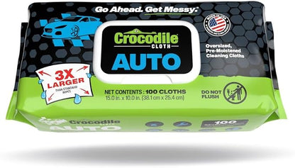 Crocodile Cloth Auto Cleaning Wipes – 100 XL (15" x 10") Disposable Wipes for Car Engine Degreasing, Body Detailing & Tire Cleaning – Cuts Grease, Oil, Adhesives on Hands, Tools, Parts & More