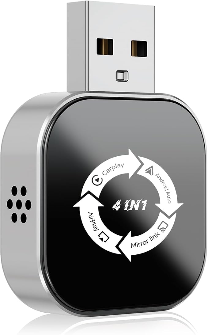 4 in 1 Wireless CarPlay Adapter with Screen Mirroring – Supports Apple CarPlay & Android Auto & AirPlay & MirrorLink, 2026 Upgraded screen mirroring dongle for car, USB-A/USB-C Connection, Plug & Play