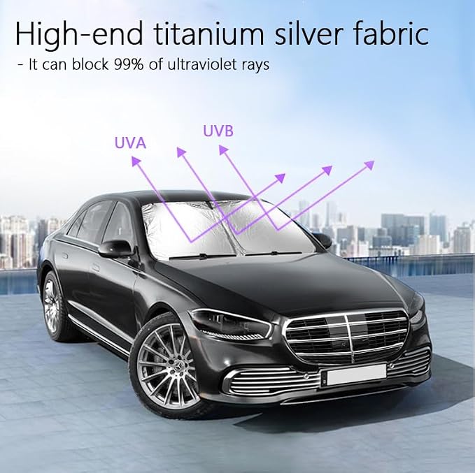Car Windshield Sun Shade,Foldable Reflective Sun Visor,Sun Heat and UV Rays Blocker,210T Coated Silver Cloth Reflective Polyester