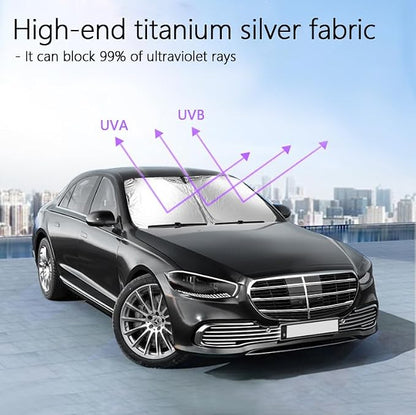 Car Windshield Sun Shade,Foldable Reflective Sun Visor,Sun Heat and UV Rays Blocker,210T Coated Silver Cloth Reflective Polyester