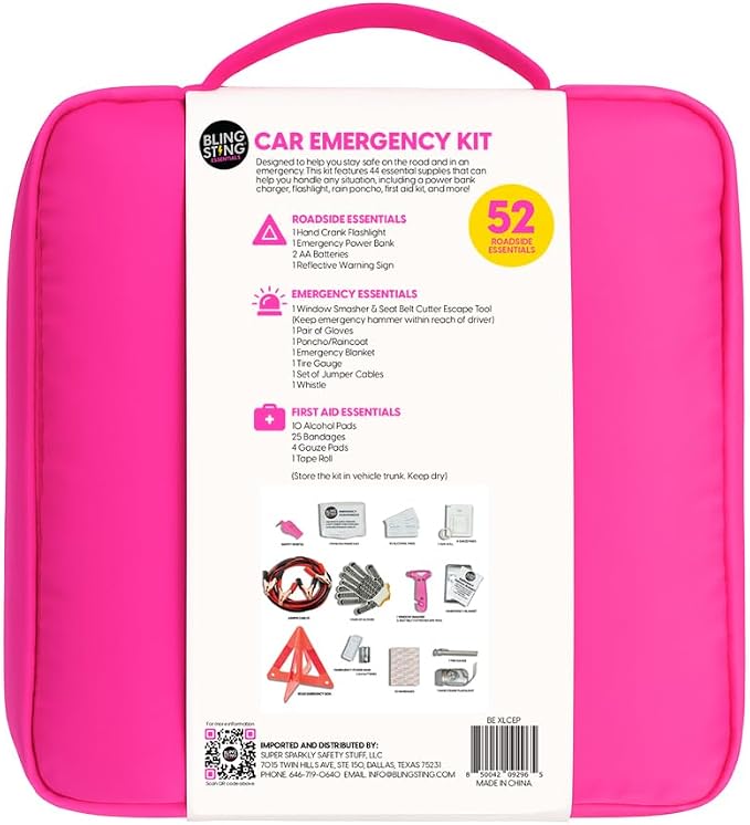 Supercharged Car Emergency Kit – 52-Piece Pink Roadside Safety Tools with Jumper Cables, Flashlight, Escape Tool & First Aid Essentials – Compact Travel Case for Women, New Drivers & Students