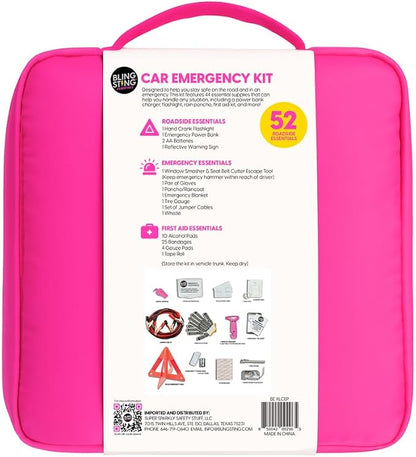 Supercharged Car Emergency Kit – 52-Piece Pink Roadside Safety Tools with Jumper Cables, Flashlight, Escape Tool & First Aid Essentials – Compact Travel Case for Women, New Drivers & Students