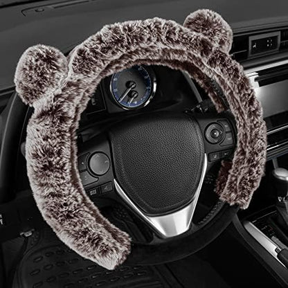 BDK Bear Fur Steering Wheel Cover, Plush Faux Fur Fuzzy Steering Cover for Car Truck Van SUV, Standard Size Fits Wheels 14.5-15 in Diameter, Brown with Ears
