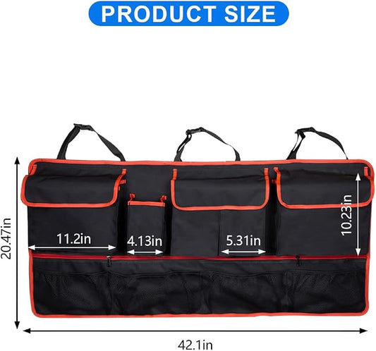 Mandark Car Trunk Organizer, Super Capacity Vehicle Hanging Backseat Cargo Storage Bag with Robust Elastic Net, Detachable Auto Seat Back Organizing Bag, Universal for SUV, Truck, RV（Black/Red）