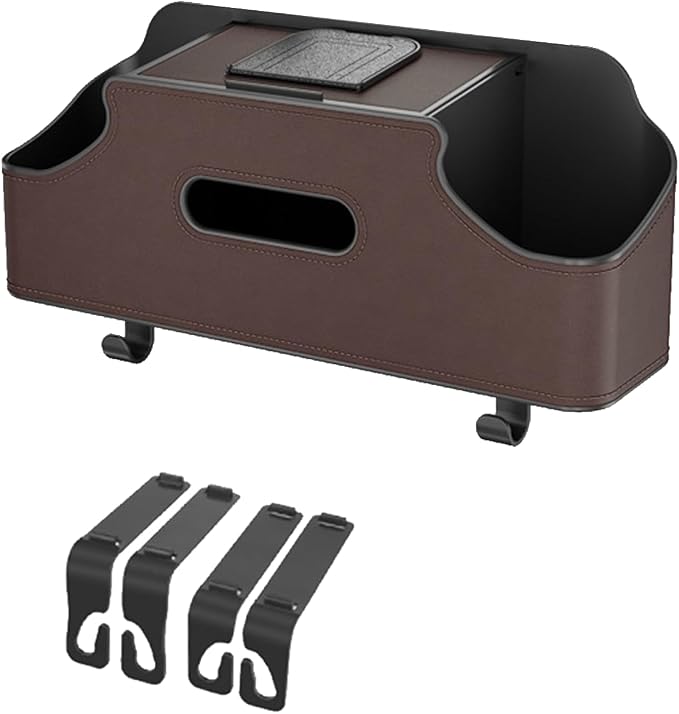 Car Seat Back Organizer, 3-in-1 Vehicle Backseat Storage Box with Cup Holder Tissue Box Trash Bin & Hooks, Multifunctional Auto Interior Headrest Organizer, Universal for SUV RV Truck (Brown)