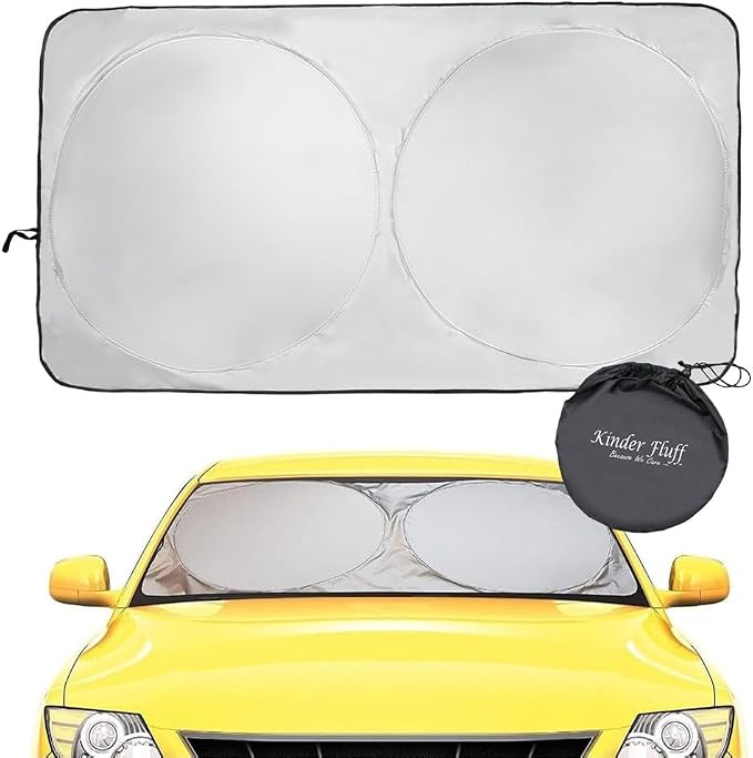 Windshield Sun Shade - Certified 99.87% UVB & 99.02% UVA Protection Car Sun Shade. Award Winning Sunshade for Car Windshield with Patented Technology. Size S 53"x26" Car Window Shades by Kinder Fluff