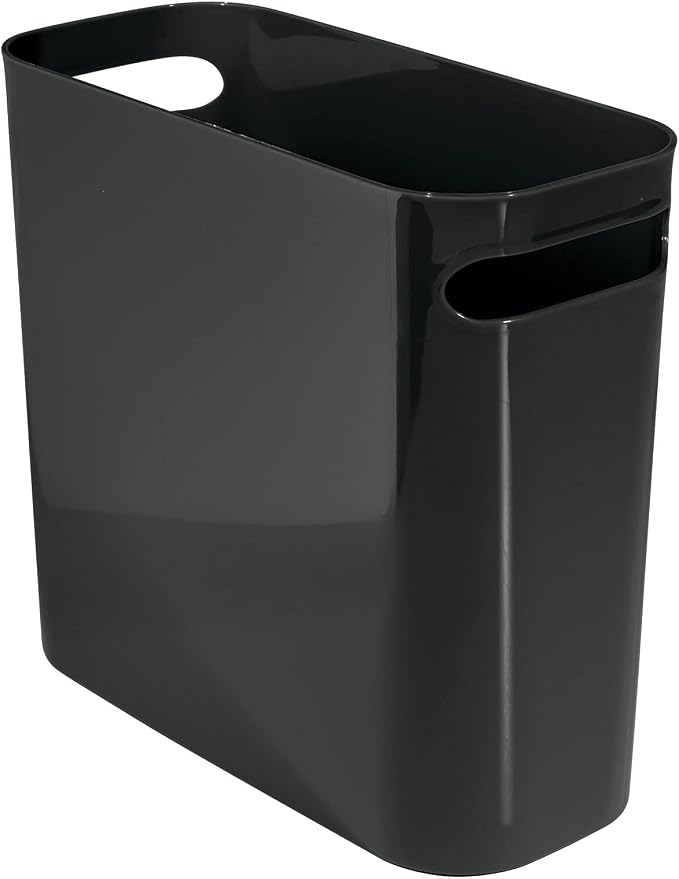 mDesign Plastic Small Trash Can, 1.5 Gallon/5.7-Liter Wastebasket, Narrow Garbage Bin with Handles for Bathroom, Laundry, Home Office - Holds Waste, Recycling, 10" High, Aura Collection, Black