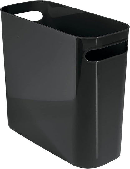 mDesign Plastic Small Trash Can, 1.5 Gallon/5.7-Liter Wastebasket, Narrow Garbage Bin with Handles for Bathroom, Laundry, Home Office - Holds Waste, Recycling, 10" High, Aura Collection, Black