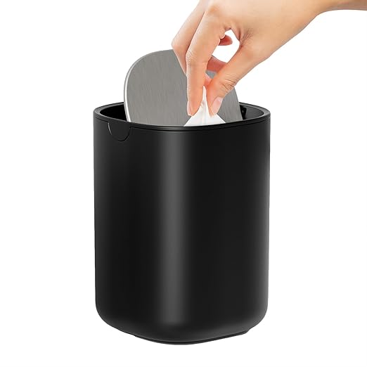 CEROELDA Mini Desktop Trash Can with Swing-Top Lid, 0.4 Gal/1.5L Tabletop Trash Can, Small Wastebasket for Bathroom Countertop, Vanitie, Coffee Area, or Office (Black)