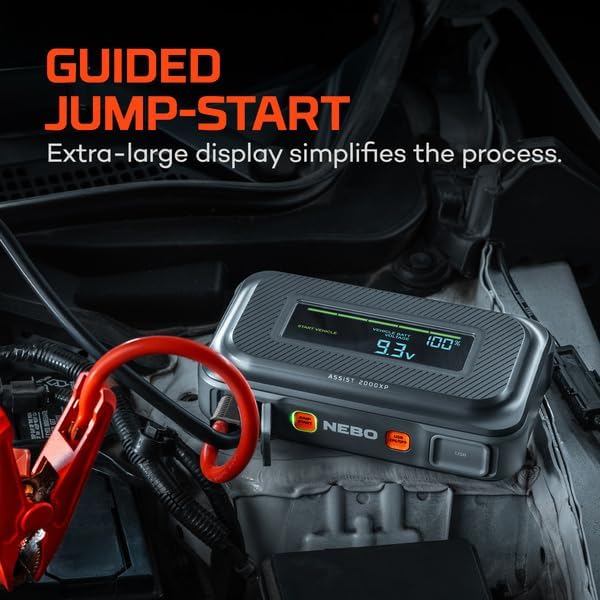 NEBO Assist 2000A Jump Starter | 2000 Peak Amps, Portable Battery Booster Pack for 12V Vehicles, Spark-Proof, USB-C Rechargeable Power Bank, LED Emergency Light, Compact 3-in-1 Roadside Kit
