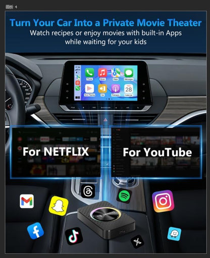 4GB+ 32GB Wireless CarPlay & Android Auto Adapter AI Box, Turn Car Screen into TV (Stream Netflix/YouTube), Plug & Play Magic Video Dongle, Support TF Card, Bluetooth 5.1 + WiFi Connectivity