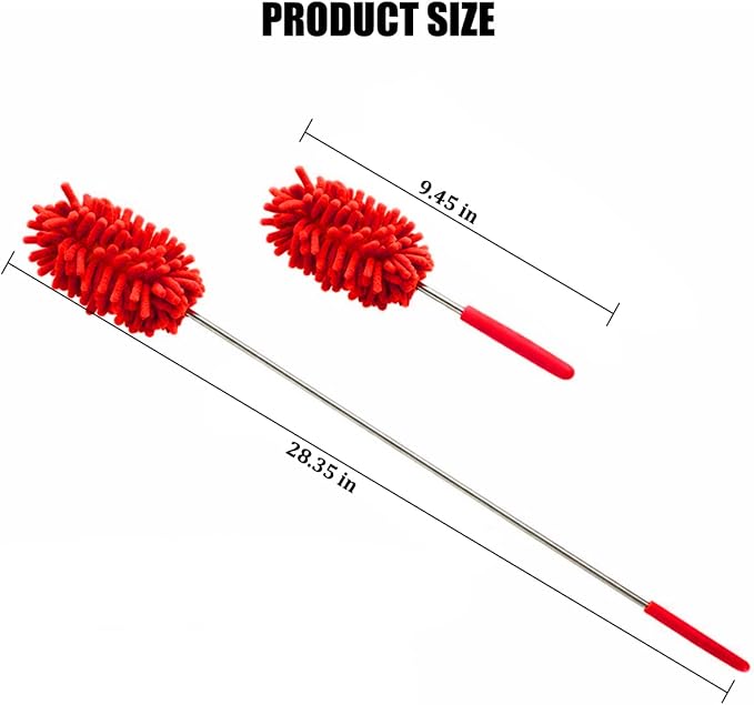 2PCS Car Interior Duster with Extension Pole, 9.45" to 28.35" Microfiber Soft Vehicle Dash Dusting Detailing Wash Brushes, Automotive Dash Cleaning Tool, Universal for SUV RV Truck (Red)