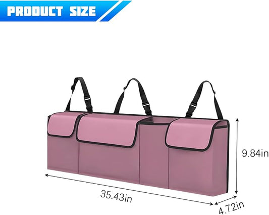 Car Trunk Organizer with Lid, Large Waterproof Vehicle Backseat Hanging Storage Bag with 4 Pockets & Adjustable Straps, Collapsible Automotive Interior Cargo Bag, Universal Fit (Pink)