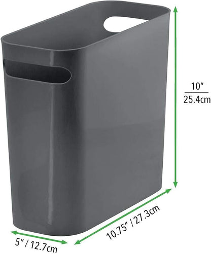mDesign Plastic Small Trash Can, 1.5 Gallon/5.7-Liter Wastebasket, Narrow Garbage Bin with Handles for Bathroom, Laundry, Home Office - Holds Waste, Recycling, 10" High, Aura Collection, Charcoal Gray