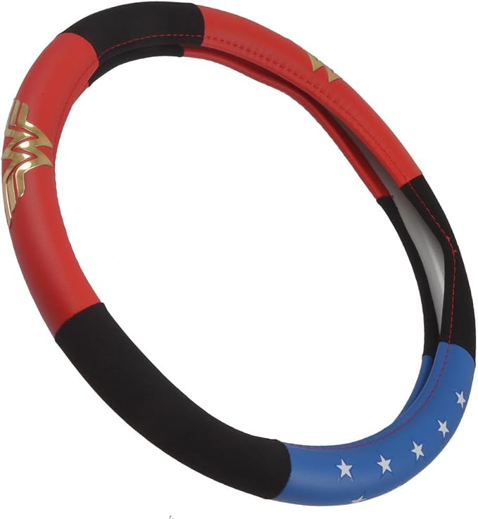 BDK Wonder Woman Steering Wheel Cover - Synthetic Leather - Stars & Gold Logo - Fits All Standard Size Wheel 15 Inch, Model Number: WBSW-1904