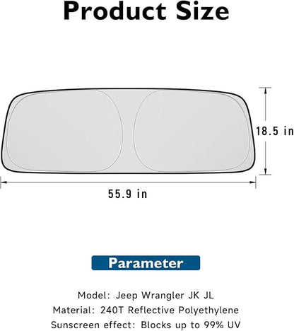 BIBLOZ Windshield Sun Shade for Jeep Wrangler TJ JK JL & 2020-2025 2026 Jeep Gladiator Foldable Accessories with Storage Pouch PET Reflective Material Sunshade Keeps The Car Cool Inside