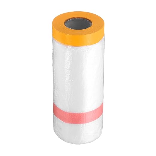 HARFINGTON Pre-Taped Masking Film 43.3" x65.6ft Double Adhesive Tape and Drape Painters Plastic Drop Cloth Film with Tape Plastic Sheeting for Automotive Painting Covering