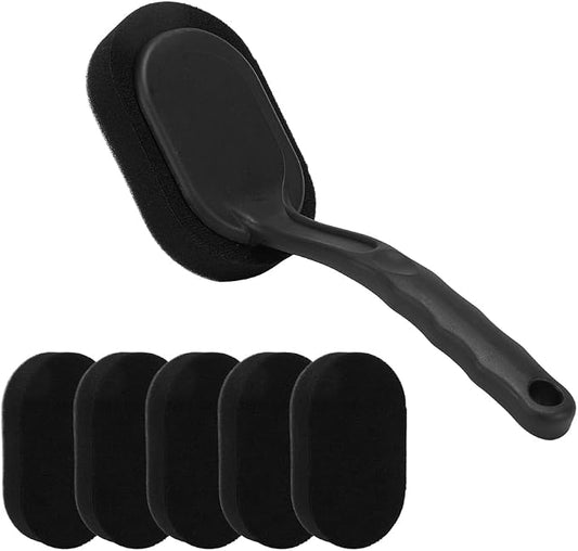 JSCARLIFE Tire Shine Applicator Brush, Detailing Tire Dressing Applicator Sponge Brush for Tire Shine, Multipurpose Curved Tire Detail Sponge with Handle