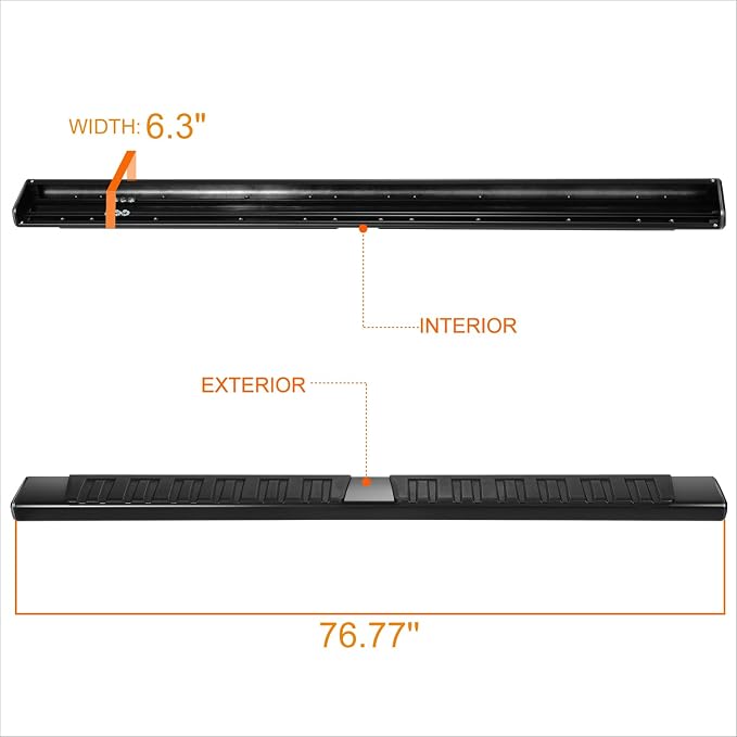 Pair 6.3" Black Powder Coated Flat Side Step Bars Running Boards Compatible with 2007-2019 Chevy Silverado GMC Sierra 1500 2500HD 3500HD Extended Cab, Stainless Steel