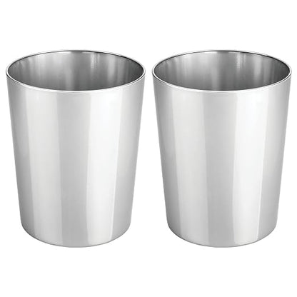 mDesign Round Metal Small 1.7 Gallon Recycle Trash Can Wastebasket, Garbage Container Bin for Bathrooms, Kitchen, Bedroom, Home Office - Durable Stainless Steel - Mirri Collection - 2 Pack - Chrome