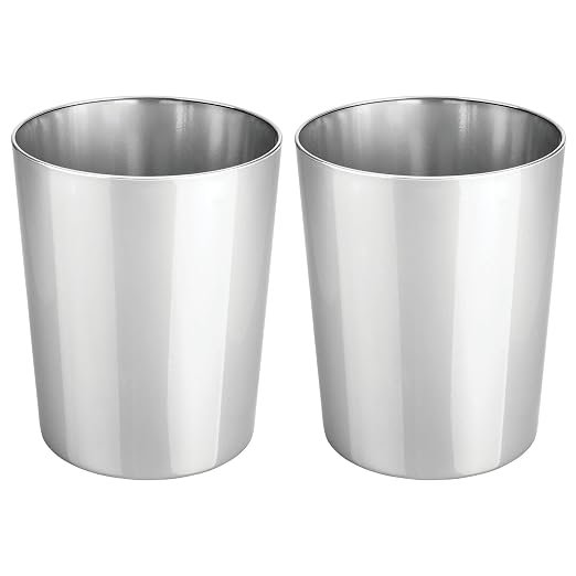 mDesign Round Metal Small 1.7 Gallon Recycle Trash Can Wastebasket, Garbage Container Bin for Bathrooms, Kitchen, Bedroom, Home Office - Durable Stainless Steel - Mirri Collection - 2 Pack - Chrome