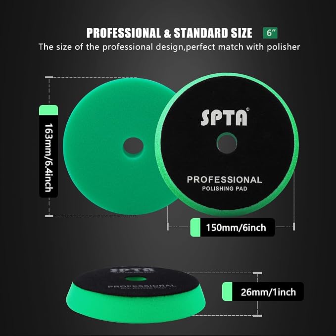 SPTA Green T120 Heavy-Cut Polishing Foam Pad, 1Pc 6.5 Inch Face for 6 Inch 150mm Backing Plate Compound Buffing Sponge Pads for Car Buffer Polisher Compounding, Polishing and Waxing -FPBFS6G