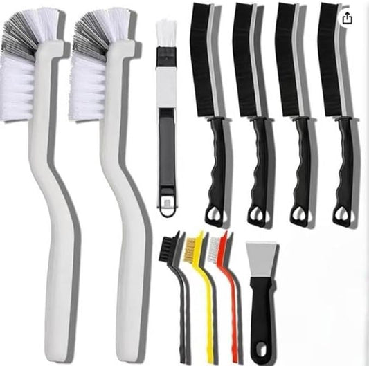 11-Piece Crevice Cleaning Brush Set, Black Metal Handle, Detailing Tools for Household Corner Cleaning