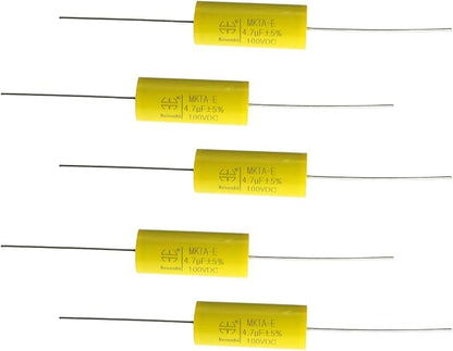 MEETOOT 5pcs Audio Frequency Divider Axial Capacitance MKTA-E 4.7J100V Polypropylene Film Capacitor for Audio Amplifier, Divider, Fan Lamp, Household Appliances, Car Speakers