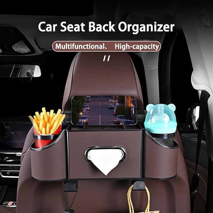 Back Seat Car Organizer,4 in 1 Multifunctional Car Back Seat Storage Box with Drink Cup Holder Tissue Box, for Hold Phone,Snacks, Drinks, Handbag