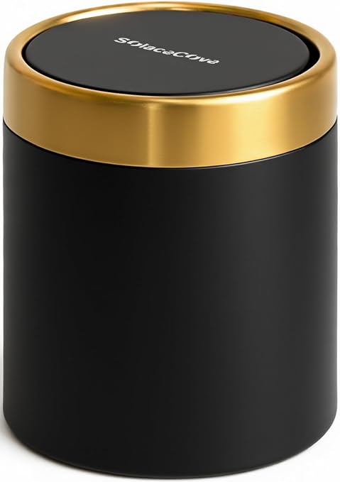 Desktop Trash can with Lid,0.4 Gal Stainless Steel Counter Top Trash Can Mini Bathroom Trash Can for Car,Office,Kitchen,Desk,a Roll of Trash Bag(Black)