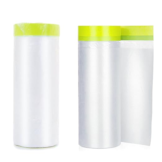 Pre-Taped Masking Film 2 Rolls 59" x 66' Automotive Painters Tape and Plastic Painting Film for Covering Cars Walls Windows and Floor Furniture Protection