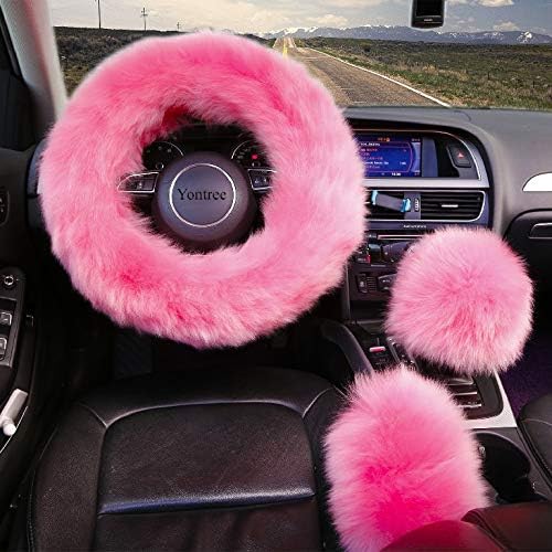 Yontree Fashion Fluffy Steering Wheel Covers for Women/Girls/Ladies/Men Australia Pure Wool Universal 15 Inch 1 Set 3 Pcs (Pink)