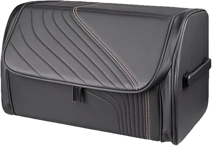 TOPABYTE Car Trunk Organizer with Lid and Sturdy Handle Foldable Durable Premium Leather Storage Box Cargo for BMW SUV Sedan Truck, Black, Small