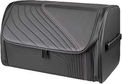 TOPABYTE Car Trunk Organizer with Lid and Sturdy Handle Foldable Durable Premium Leather Storage Box Cargo for BMW SUV Sedan Truck, Black, Small