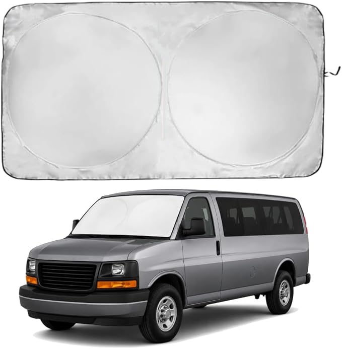 Windshield Sun Shade | Compatible for GMC Savana 1996-2024 | Certified 99.87% UVB & 99.02% UVA Car Sun Shade. Award Winning Sunshade - Patented Technology | Car Shades by Kinder Fluff
