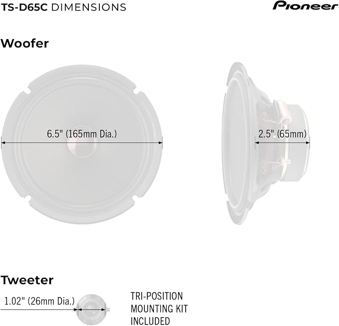 PIONEER D-Series TS-D65C 6.5” 2-Way Speakers (Pair) – 270W Max, Crisp Highs + Clear Vocals, Ideal Factory Upgrade, Add an Amplifier for Even Better Performance