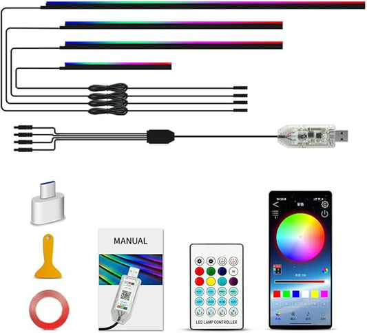 Ambient Lighting Car Led Lights Interior with APP, USB Powered Acrylic Neon Flexible Strip Fiber Optic LED Ambient Lighting kit,4 in 1 Car Center Console Dashboard RGB Sound Active Music Lights Sync