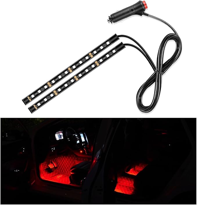 Yourkar Car LED Strip Light, 24 LED Interior Under Dash Atmosphere Lights with Cigarette Lighter, Vehicle Decor Lamp Ambient Night Light Strip Lighting, Universal Car Accessories (Red)